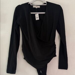 LOFT Black Long-Sleeve Wrap-Front Bodysuit
